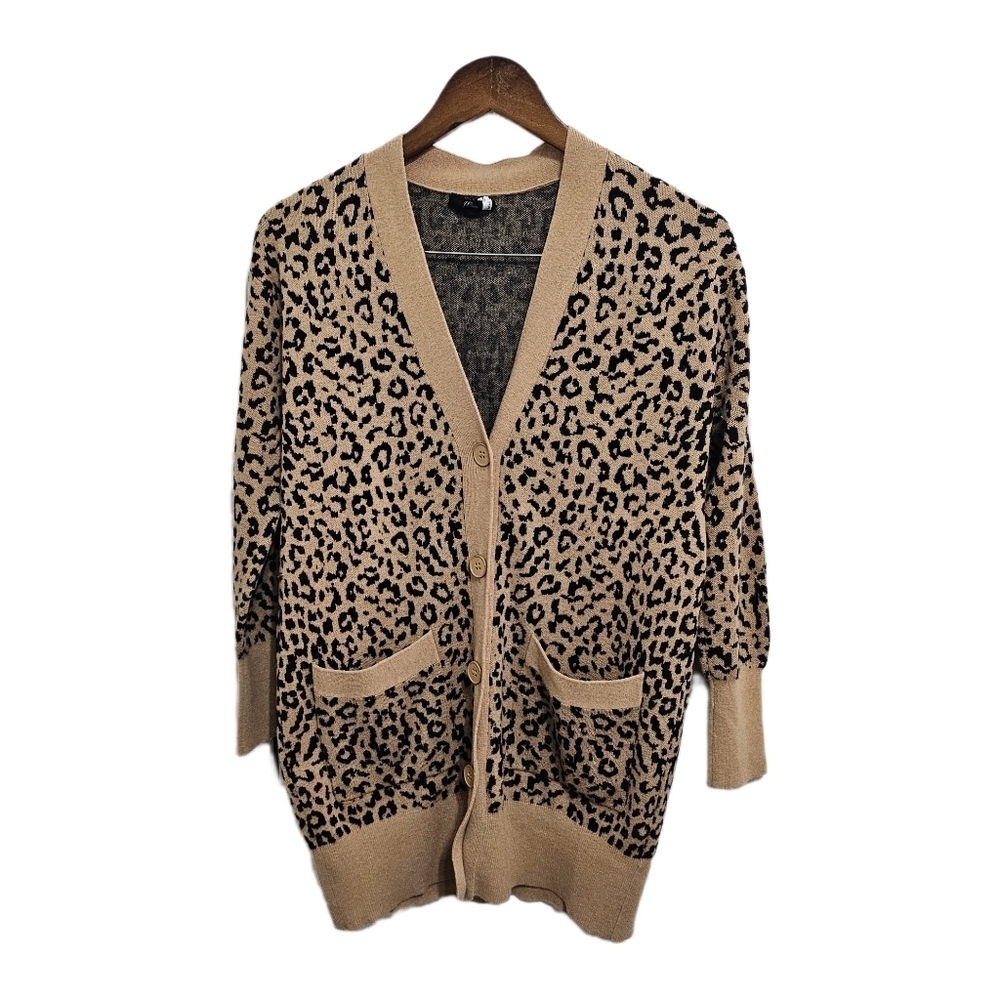 J.Crew leopard knit long merino wool blend tan black button cardigan size XS